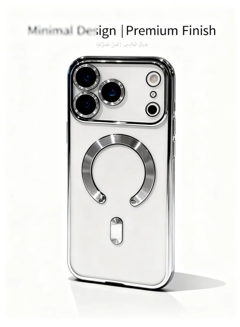 وبوت جي سي سي جراب مغناطيسي لهاتف آيفون 17 برو ماكس بتصميم شفاف مع إطار مطلي كهربائيًا باللون الفضي، غطاء TPU ناعم مقاوم للصدمات، حماية مدمجة لعدسة الكاميرا، حلقة مغناطيسية قوية متوافقة مع الشحن المغناطيسي، جراب حماية مانع للسقوط بتغطية كاملة ولمسة فضية أنيقة - Image 2